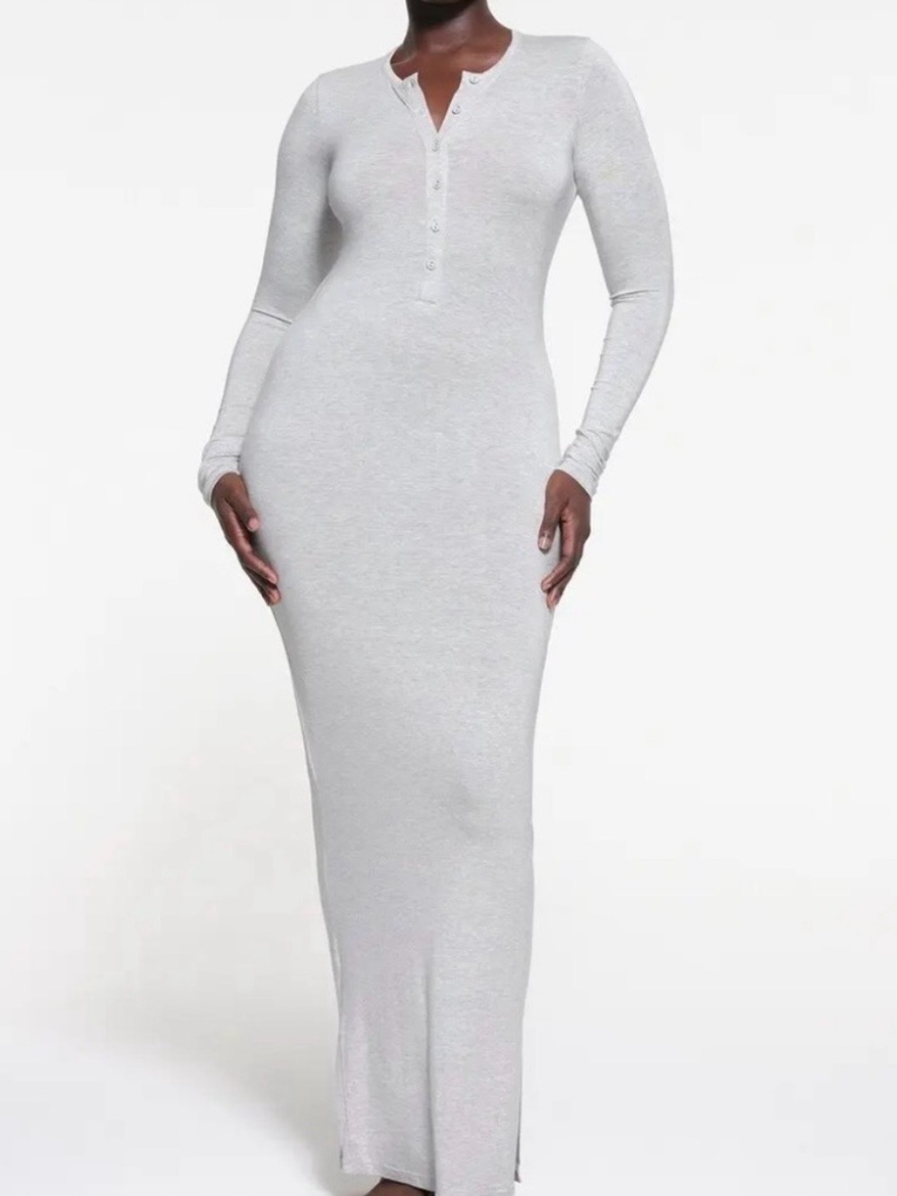 SKIMS Gray Henley Maxi Dress Soft Lounge Long Sleeve Bodycon Sz L Micro Modal